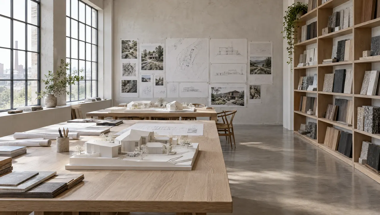 Design studio with architectural models, pinned drawings and a wall of stone and wood samples