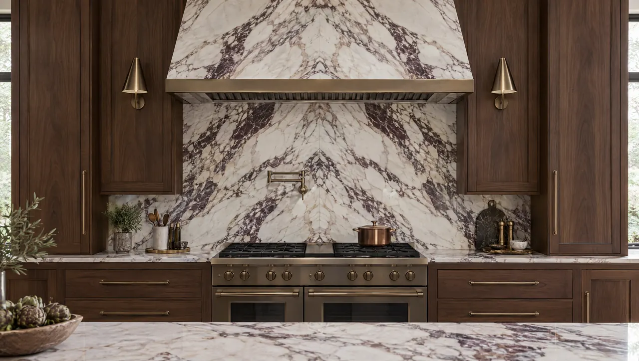Bookmatched marble backsplash forming a mirrored pattern above a range