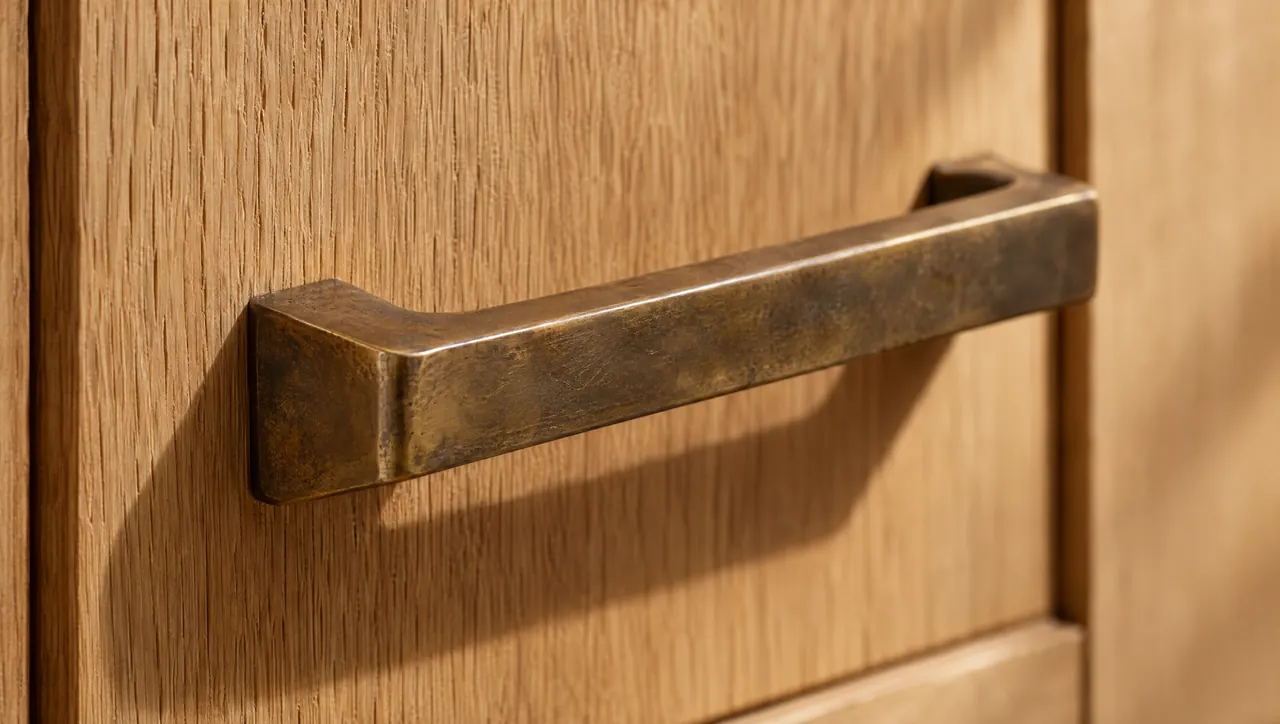 Solid cast bronze cabinet pull with soft patina on white oak