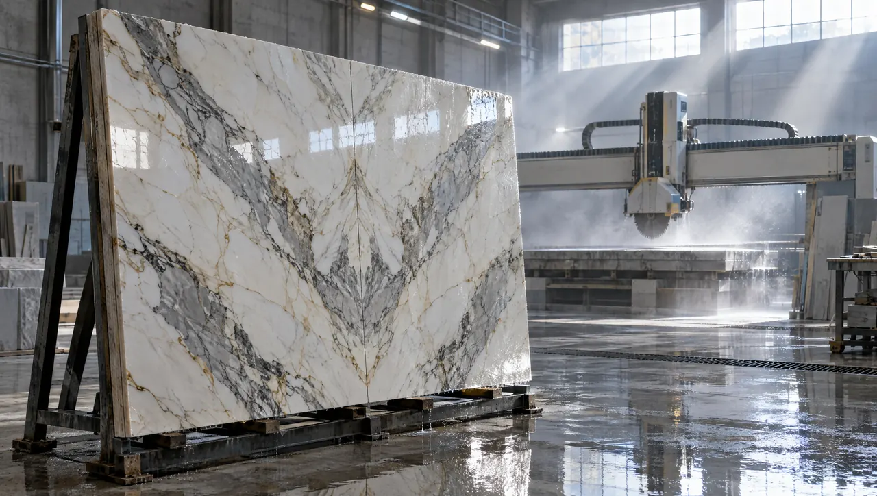A bookmatched marble slab standing in a fabrication workshop