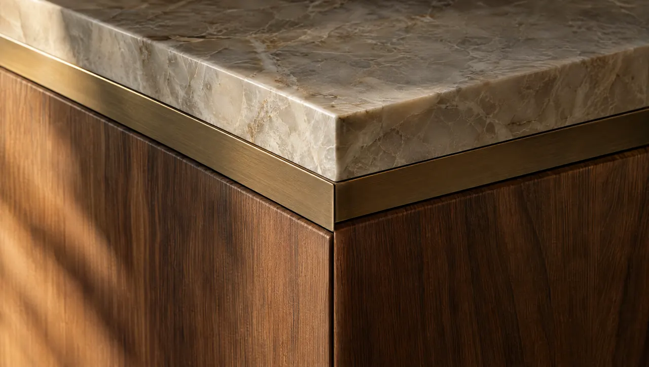 Marble, walnut and bronze meeting at a precise corner
