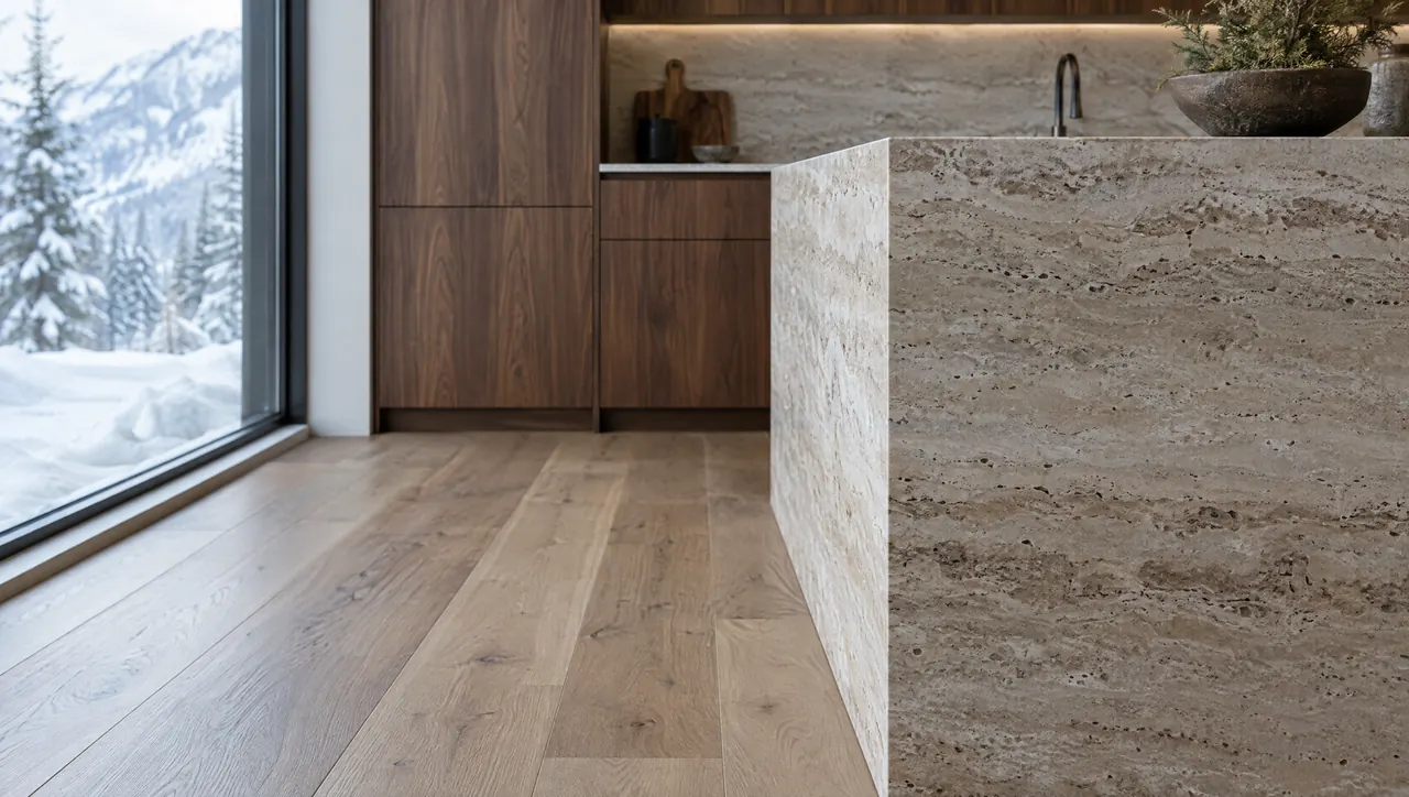 Travertine waterfall island edge meeting a wide-plank oak floor