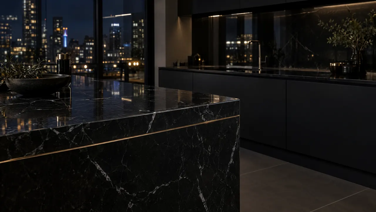 Nero Marquina marble island corner with an inlaid bronze line