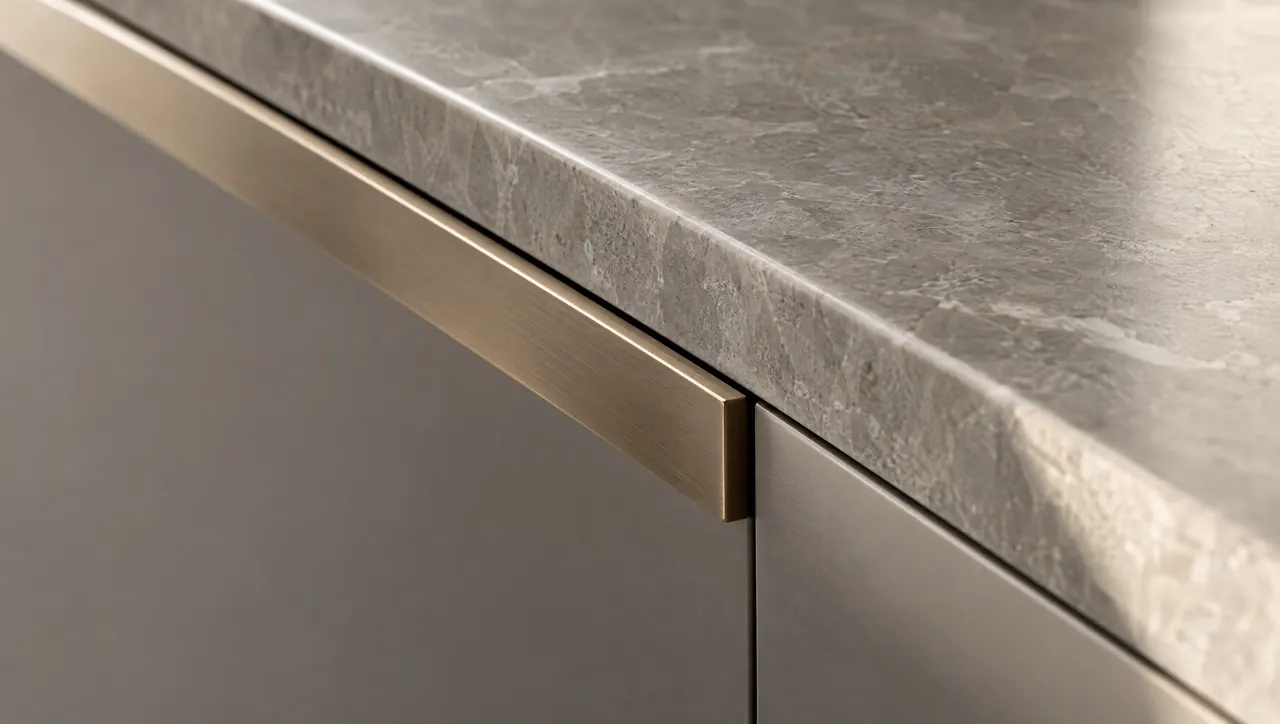Shadow reveal between a cabinet panel and stone countertop