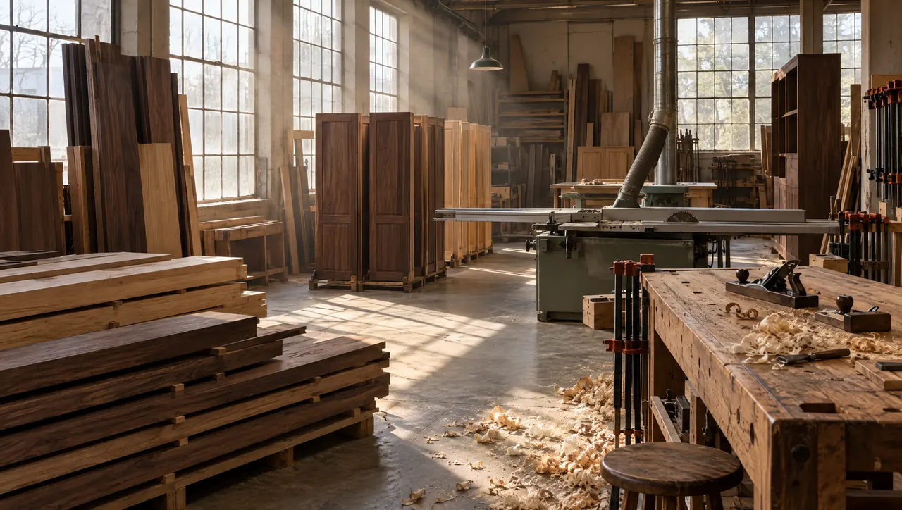 Cabinetmaking workshop with walnut and oak boards