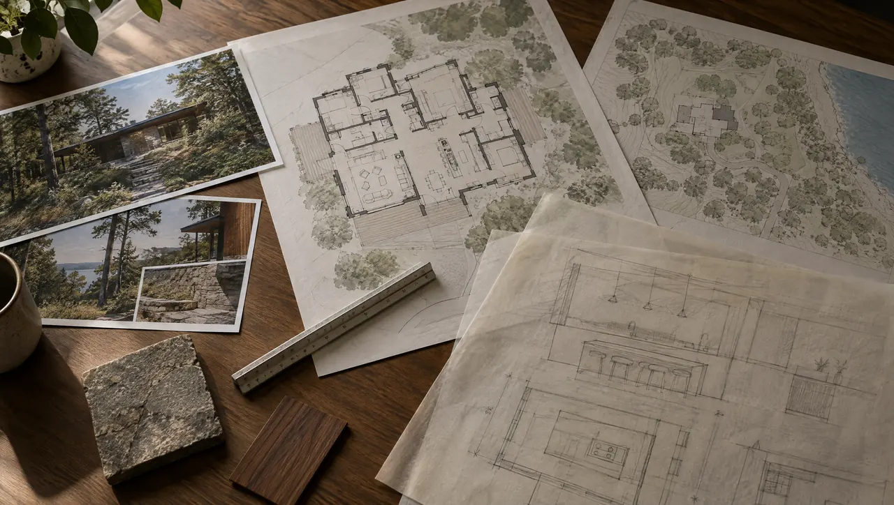 Residential floor plans with tracing paper kitchen sketches, a scale ruler and material samples