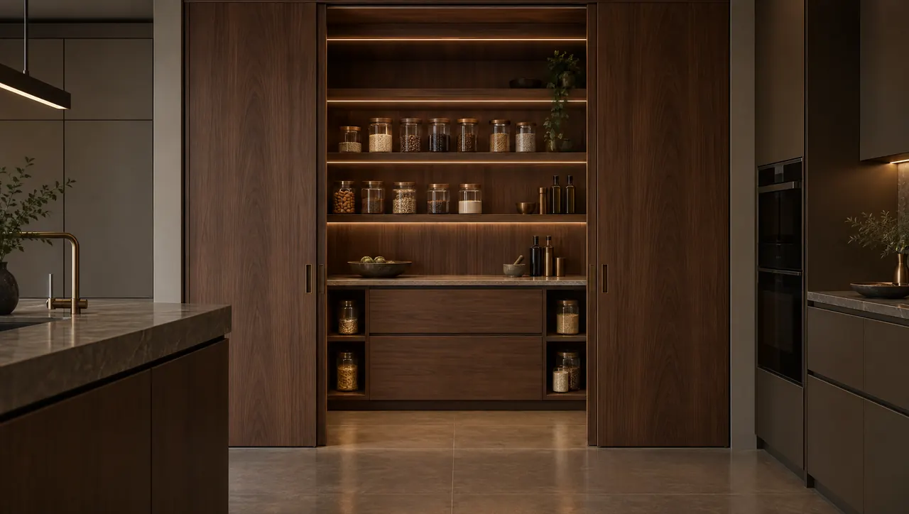 Walnut pocket doors open to a concealed pantry with integrated lighting