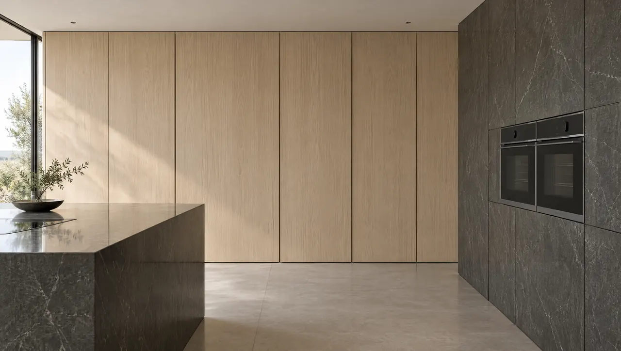 Flush white oak panels concealing refrigerator columns beside ovens set into stone