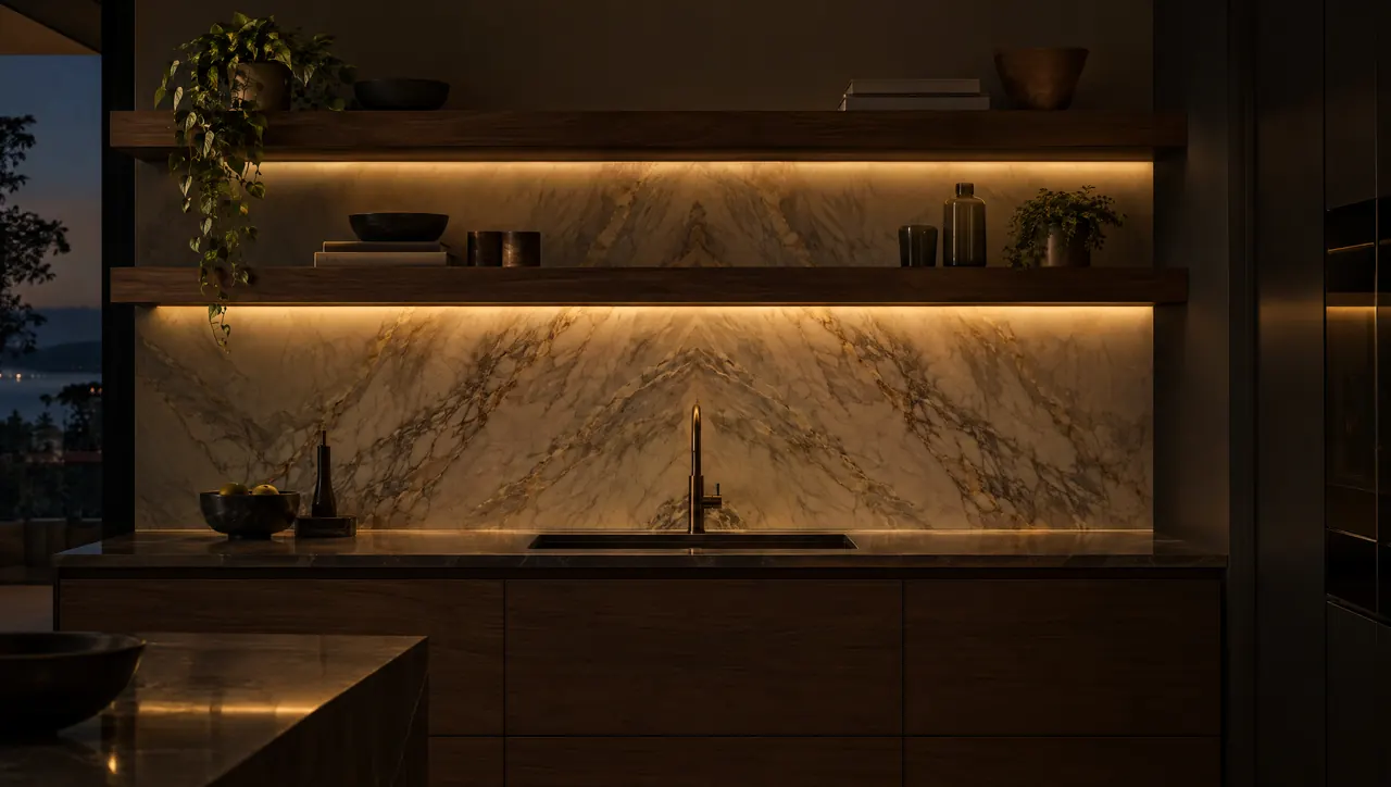 Concealed linear light washing a bookmatched marble backsplash