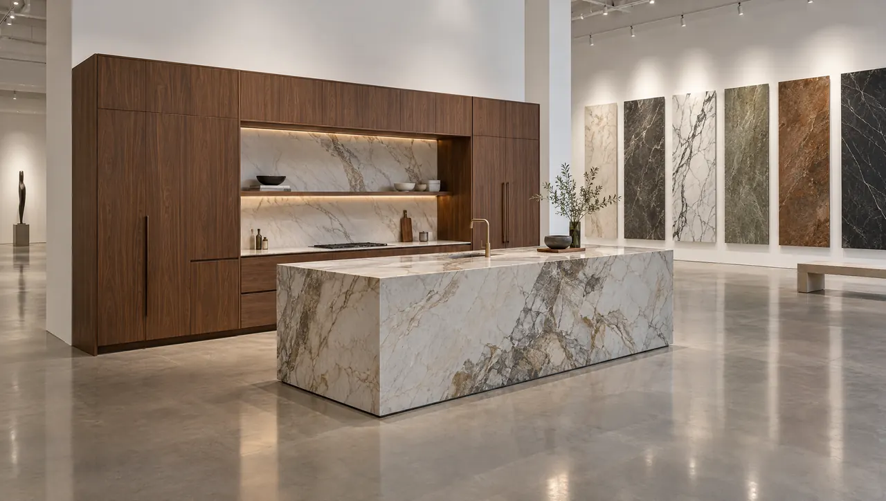 Gallery-like showroom with a full-scale walnut and marble kitchen and stone slab samples