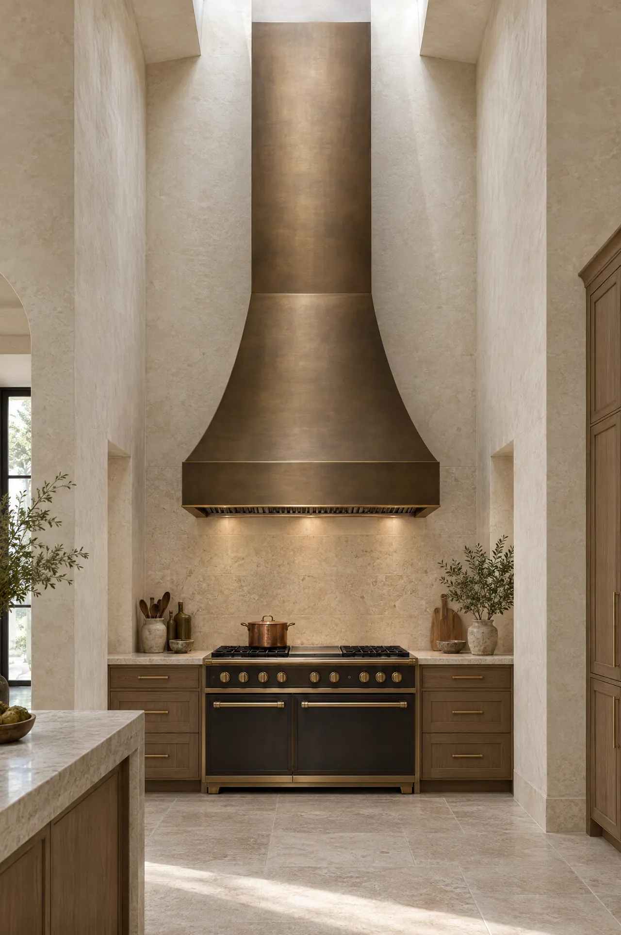 Monumental brushed bronze range hood rising to a plaster ceiling