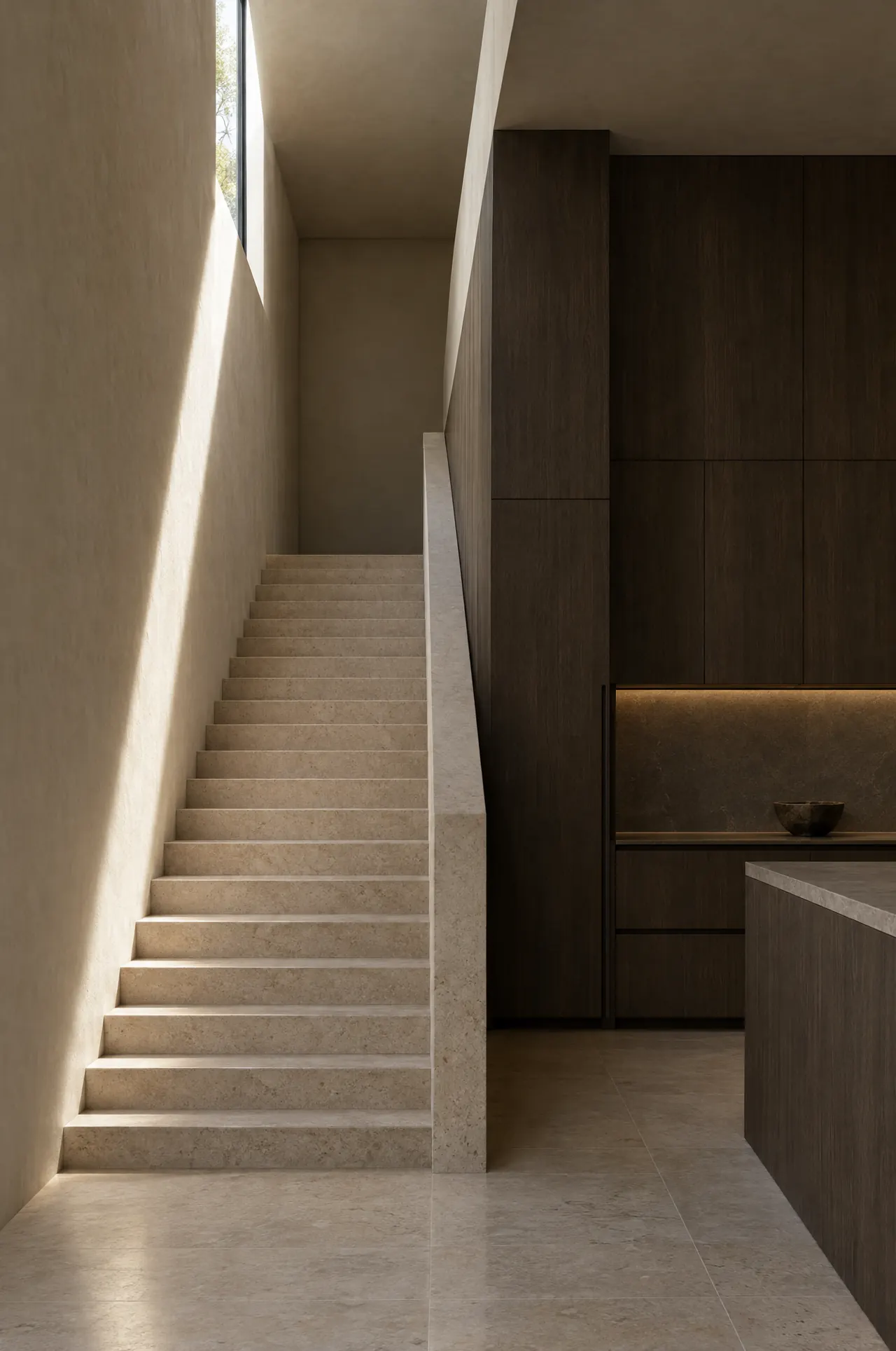 Limestone stair beside smoked oak millwork