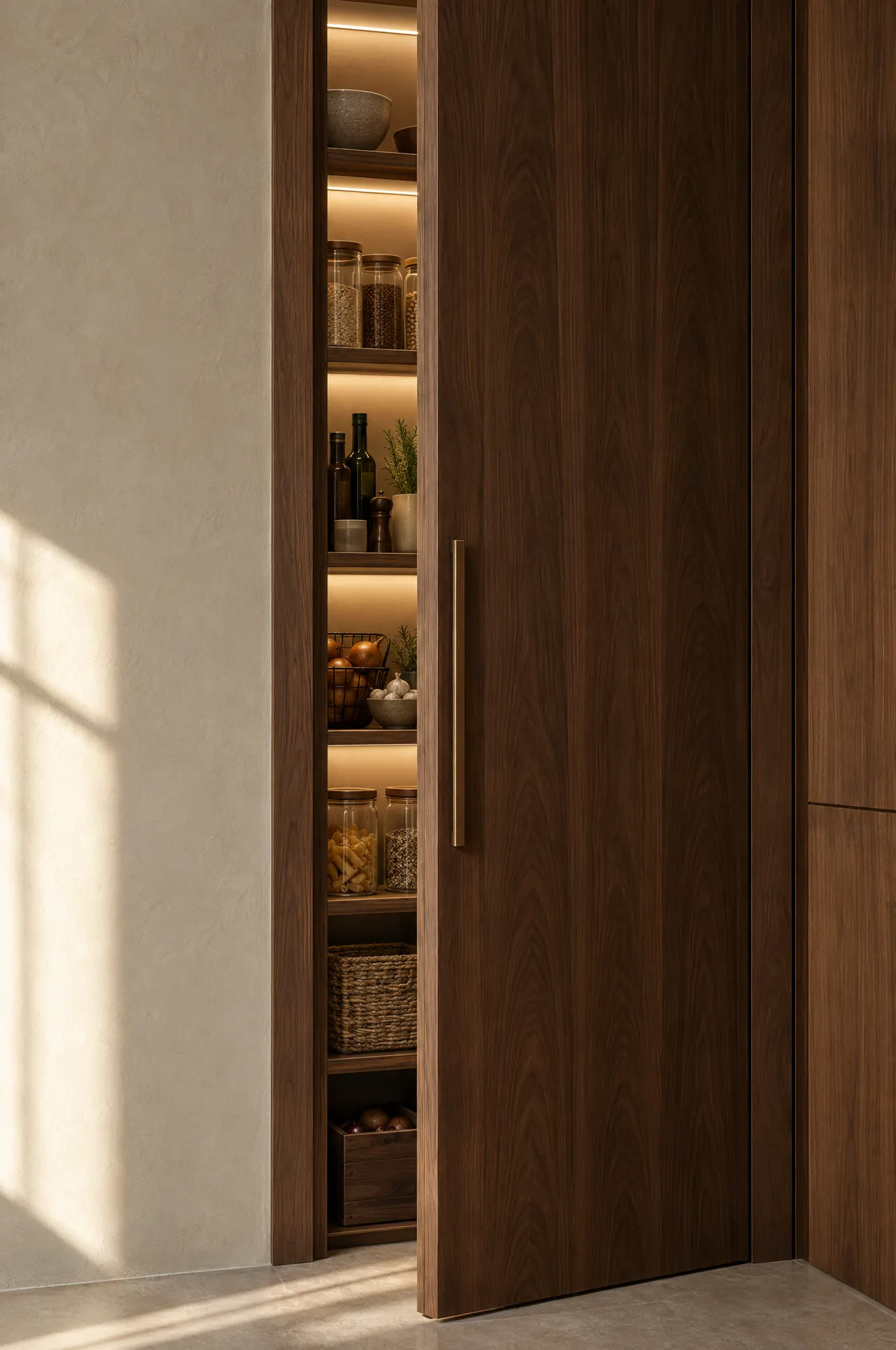 Tall walnut pantry door opening onto lit shelves
