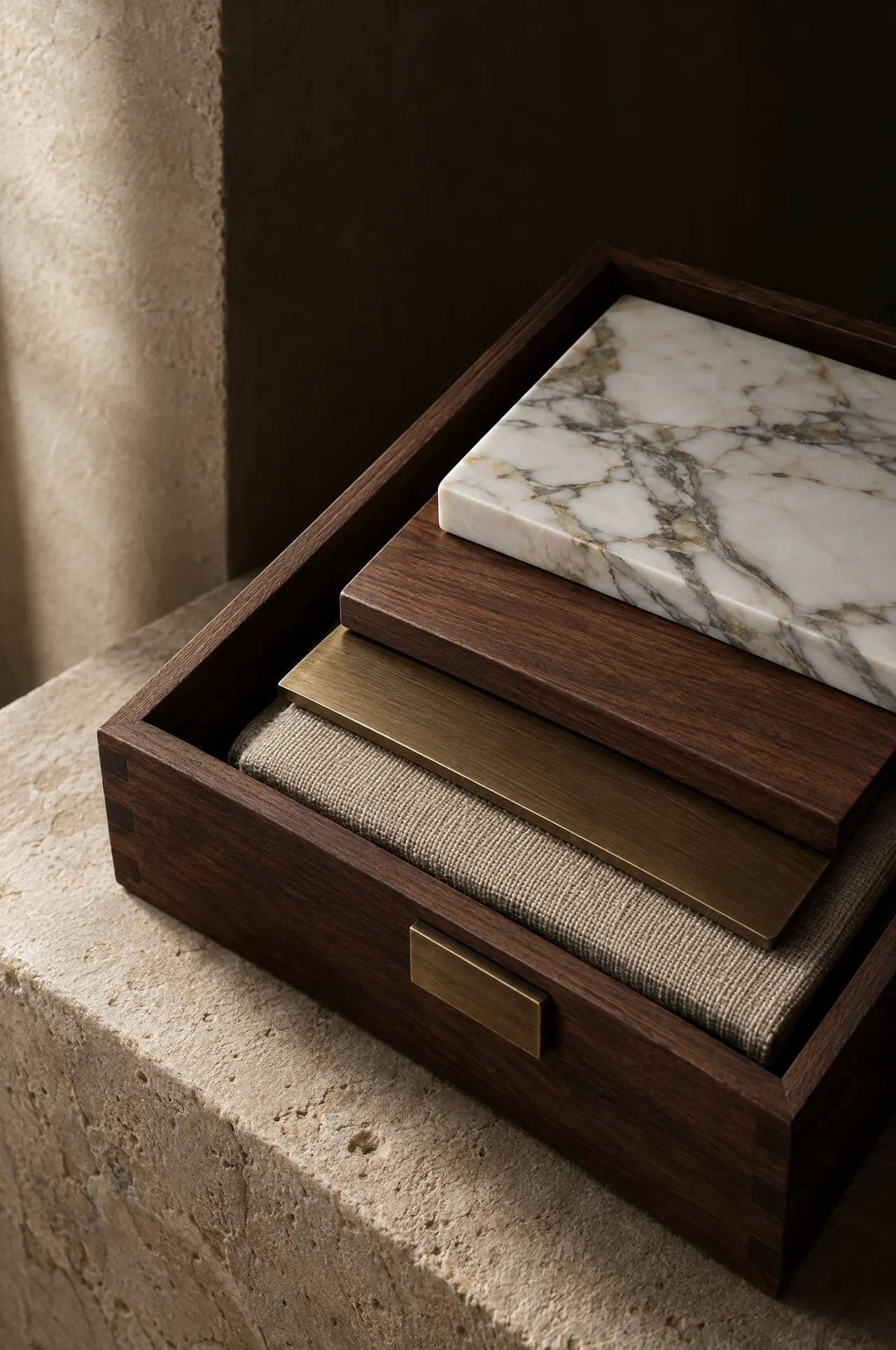 Sample box of marble, walnut, bronze and linen