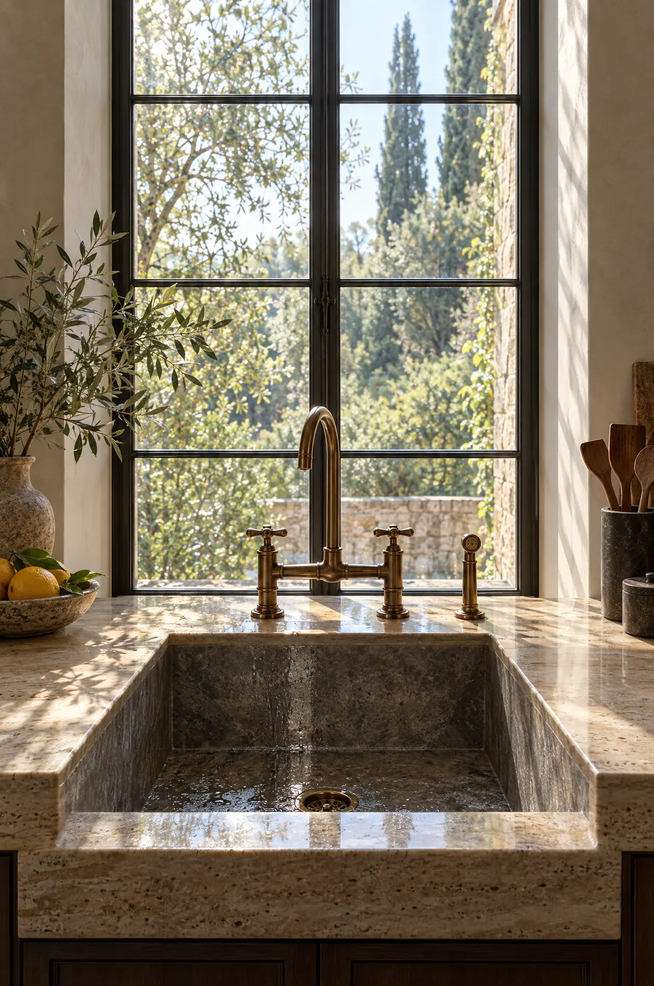 Deep stone sink beneath a tall steel-framed window
