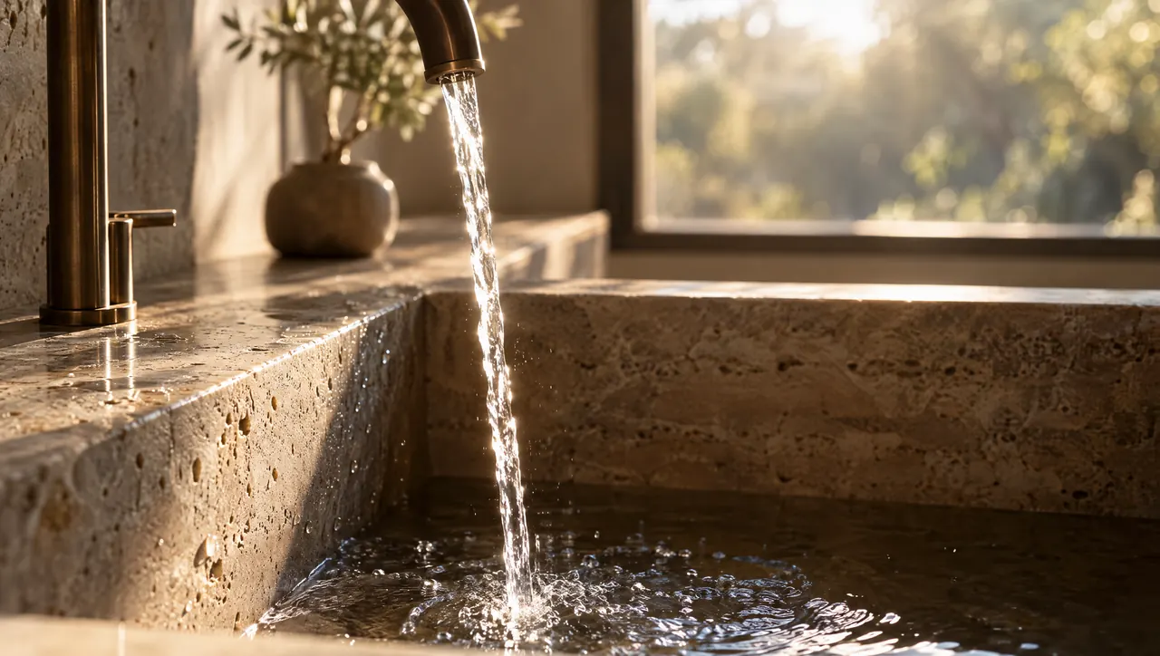 Water falling into a honed travertine sink